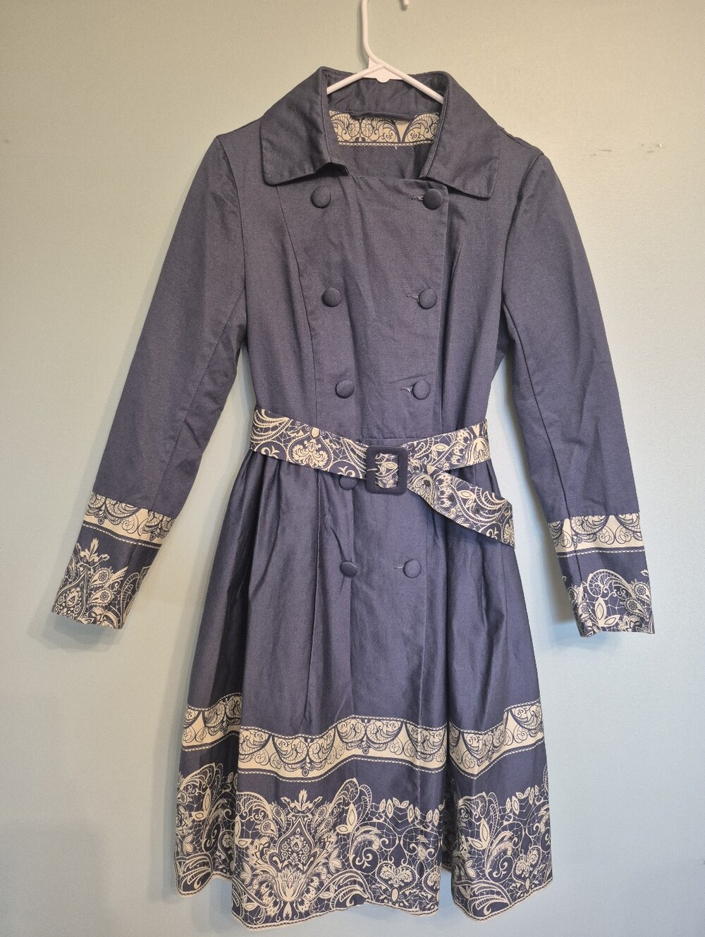 Artka Women's Navy Blue Double-Breasted Trench Coat Cream Paisley Trim Size S - Picture 2 of 9